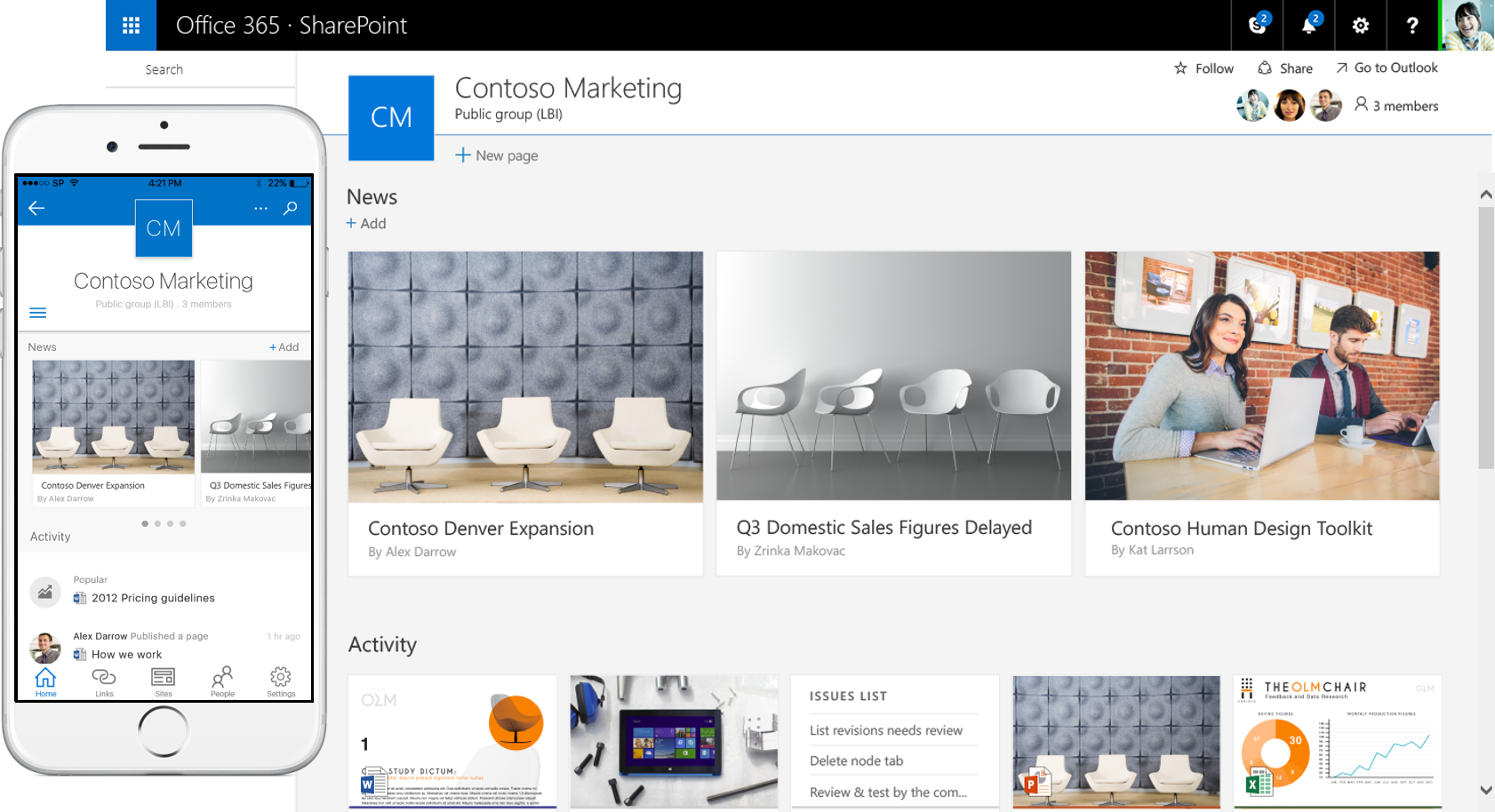 Figuur 1: Modern Teamsite met mobiele SharePoint app in Office 365.