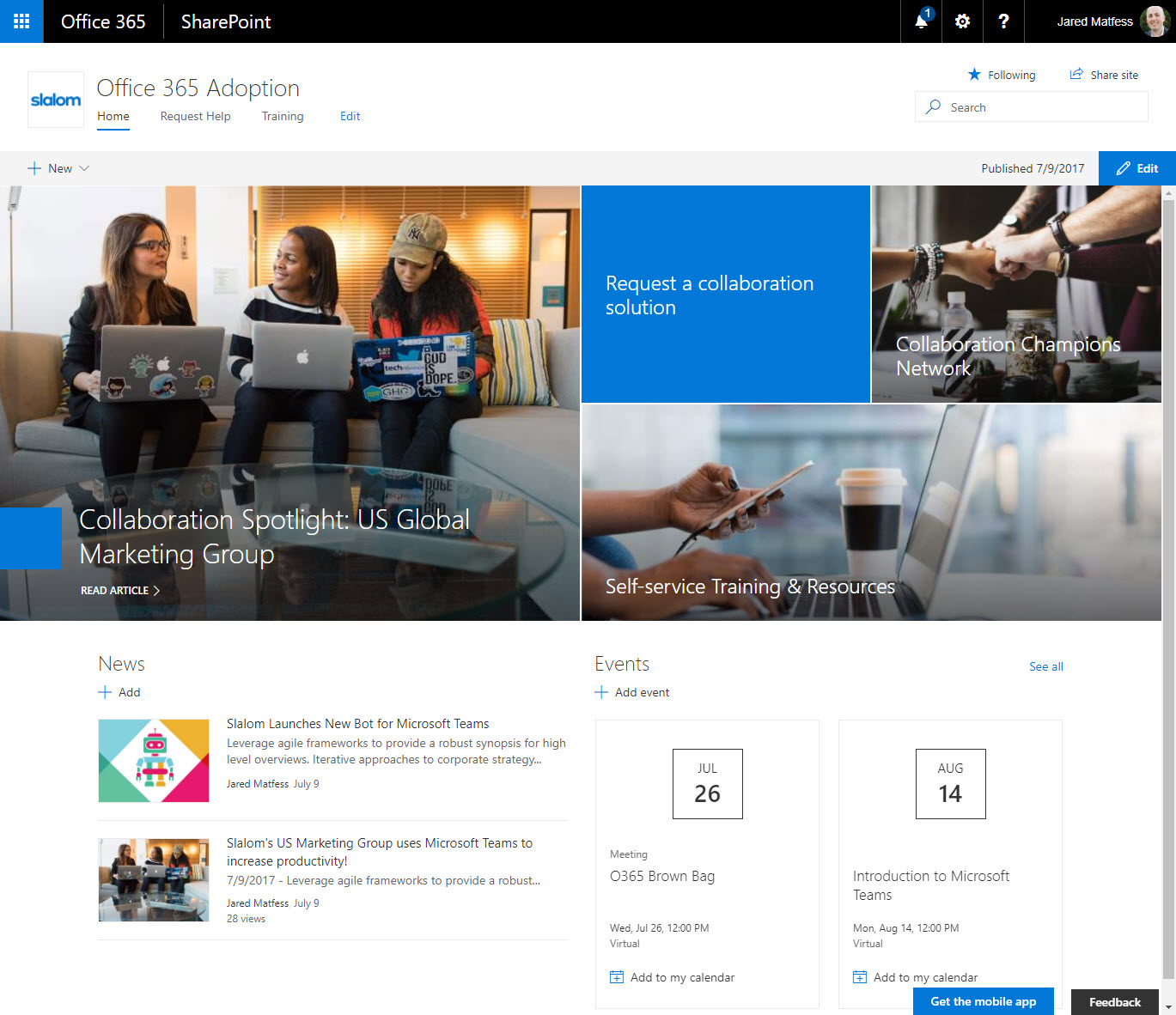 Figuur 2: Communicatie site in Office 365.