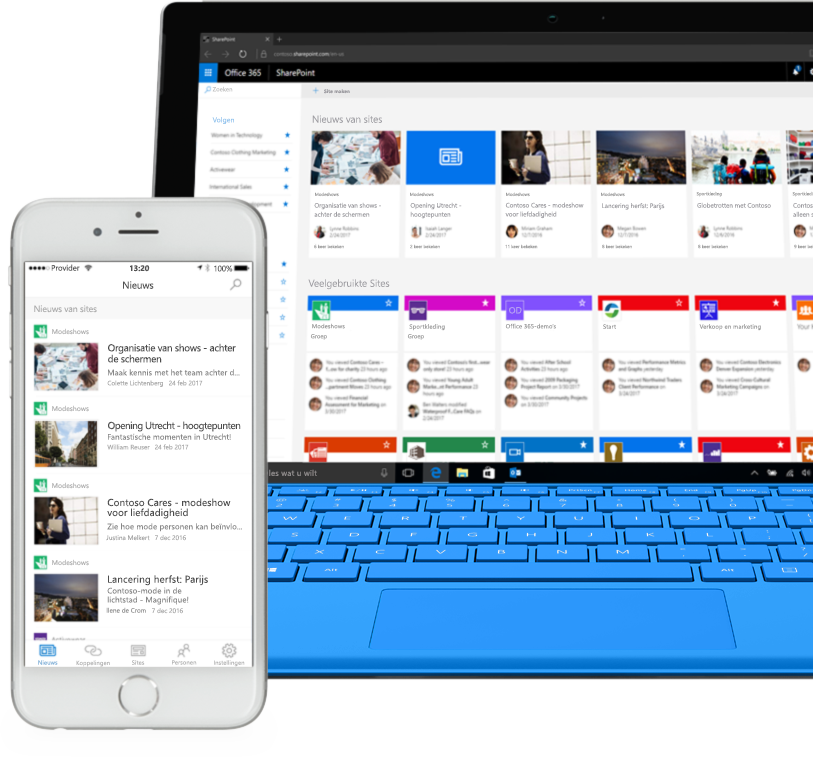 Figuur 3: SharePoint homepagina en mobiele SharePoint app binnen Office 365.