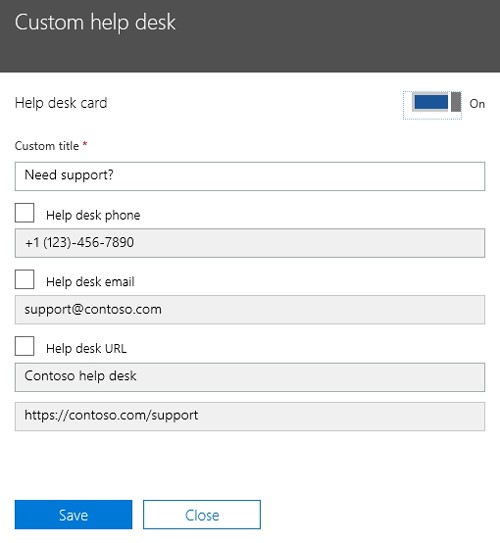 Figuur 4: Office 365 biedt de mogelijkheid om aangepaste helpdeskinformatie in te voeren.