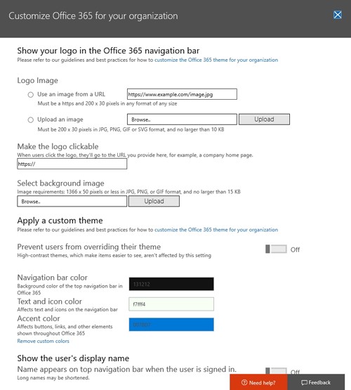 Figuur 2: Je kunt Office 365 voorzien van uw eigen thema en afbeeldingen.